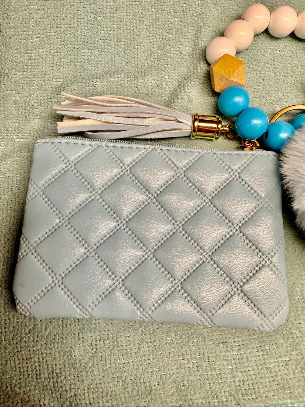 Light Blue Zippered Wristlet Keychain with Blue and Pink Beads